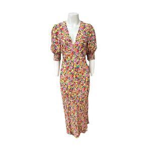 RIXO Target Floral Bias Cut Dress Sz 6 Puff Sleeve V Neck Viscose -